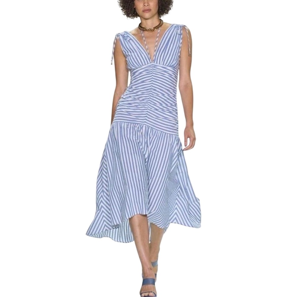 Veronica Beard Perrin Midi Dress Sz 8 Blue White Striped Seersucker Ruched Prep